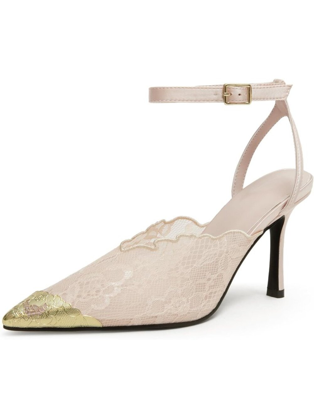 Women's Pink Wedding Lace Stiletto Pumps Gold Pointed Cap Toe Ankle Straps